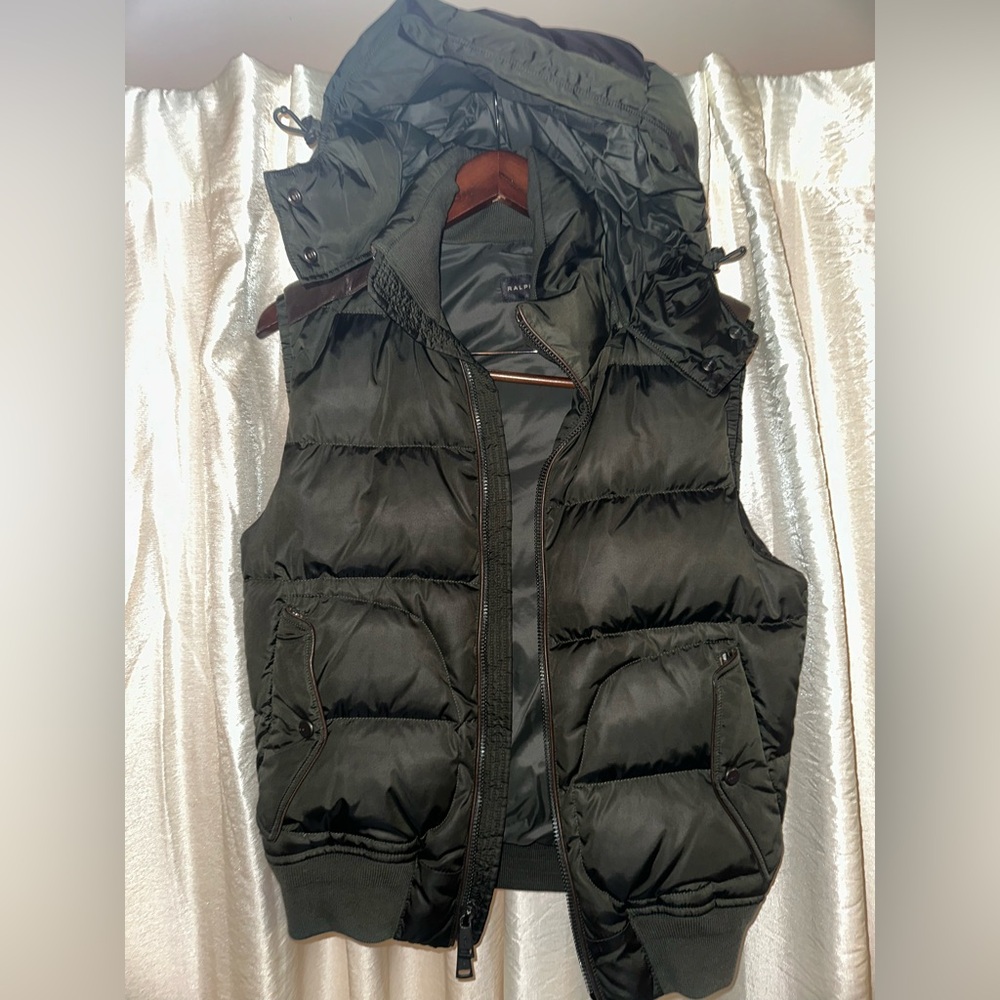 Ralph Lauren BLACK LABEL Men’s Green Quilted Down Vest Leather Trim HoodedPuffer